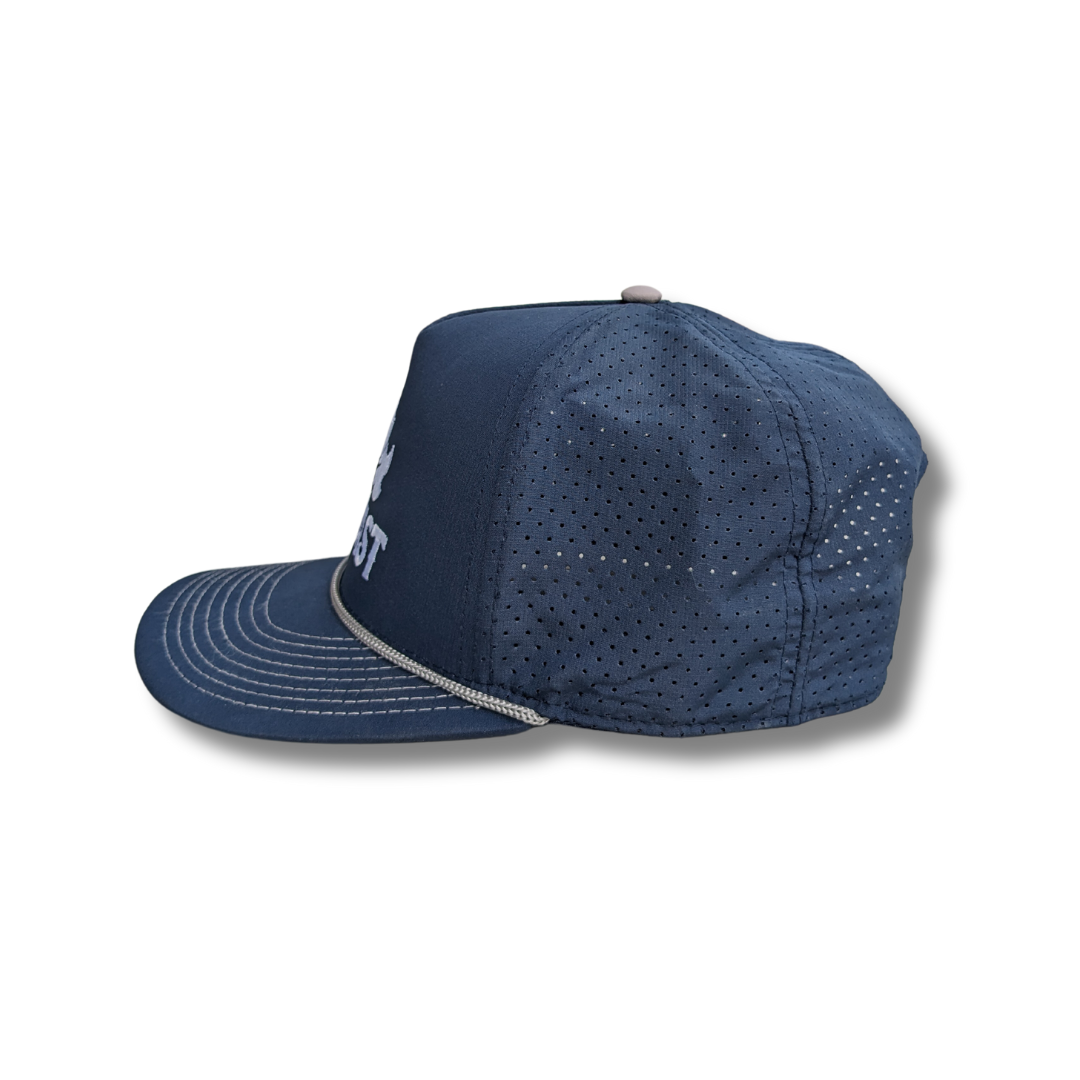 Side of navy coloured rope hat with canada leaf logo and perforated holes